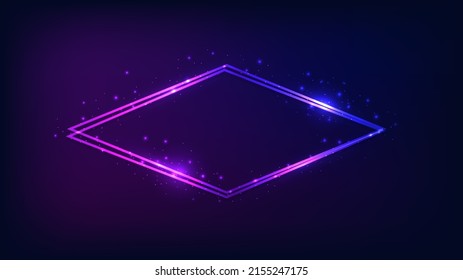 Neon double rhombus frame with shining effects and sparkles on dark background. Empty glowing techno backdrop. Vector illustration