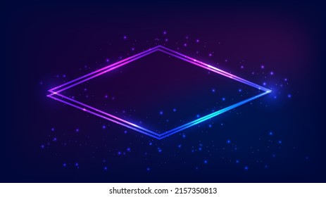 Neon double rhombus frame with shining effects and sparkles on dark background. Empty glowing techno backdrop. Vector illustration