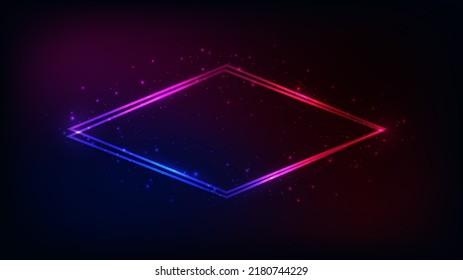Neon double rhombus frame with shining effects and sparkles on dark background. Empty glowing techno backdrop. Vector illustration