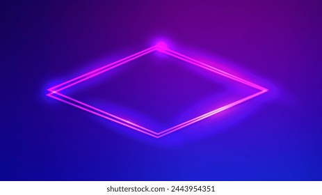 Neon double rhombus frame with shining effects on dark blue background. Empty glowing techno backdrop. Vector illustration