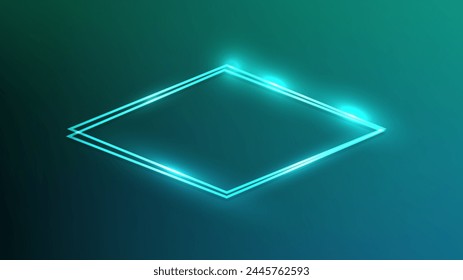 Neon Doppelrhombus-Rahmen mit leuchtenden Effekten auf dunkelgrünem Hintergrund. Leere glühende Techno-Kulisse. Vektorillustration