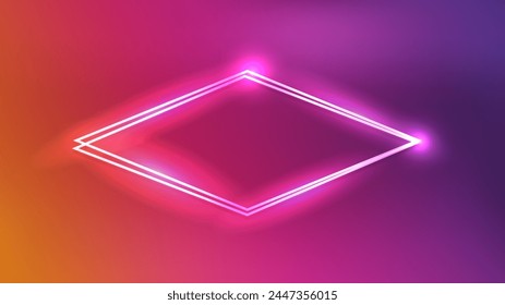 Neon double rhombus frame with shining effects on red background. Empty glowing techno backdrop. Vector illustration