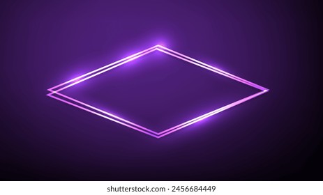 Neon Doppelrhombus-Rahmen mit leuchtenden Effekten auf dunkelblauem Hintergrund. Leere glühende Techno-Kulisse. Vektorillustration