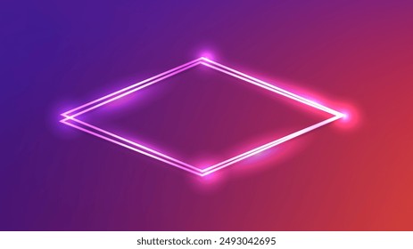 Neon-Doppelrhombus-Rahmen mit leuchtenden Effekten auf lila Hintergrund. Leere glühende Techno-Kulisse. Vektorillustration