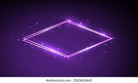 Neondoppelter Rhombusrahmen mit glänzenden Effekten und glitzert auf dunkelblauem Hintergrund. Leere glühende Techno-Kulisse. Vektorgrafik