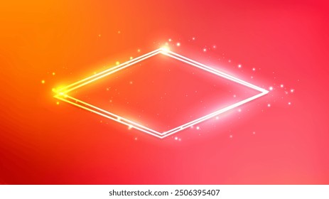 Neon double rhombus frame with shining effects and sparkles on orange background. Empty glowing techno backdrop. Vector illustration