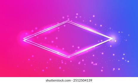 Neondoppelter Rhombusrahmen mit glänzenden Effekten und glitzert auf dunkelviolettem Hintergrund. Leere glühende Techno-Kulisse. Vektorgrafik