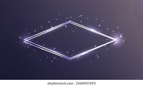 Neon double rhombus frame with shining effects and sparkles on dark background. Empty glowing techno backdrop. Vector illustration