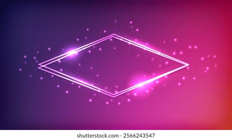 Neon double rhombus frame with shining effects and sparkles on dark purple background. Empty glowing techno backdrop. Vector illustration