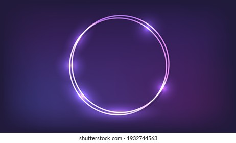 Neon double round frame with shining effects on dark background. Empty glowing techno backdrop. Vector illustration.