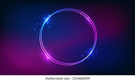 Neon double round frame with shining effects and sparkles on dark background. Empty glowing techno backdrop. Vector illustration