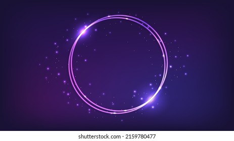 Neon double round frame with shining effects and sparkles on dark background. Empty glowing techno backdrop. Vector illustration
