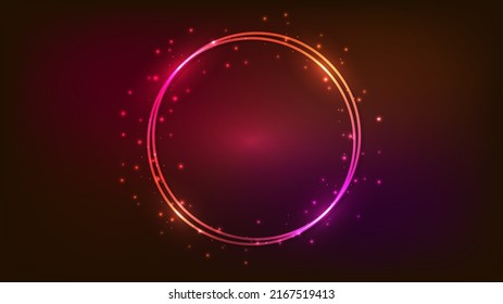 Neon double round frame with shining effects and sparkles on dark background. Empty glowing techno backdrop. Vector illustration