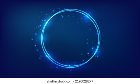 Neon double round frame with shining effects and sparkles on dark background. Empty glowing techno backdrop. Vector illustration
