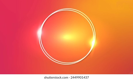 Neon double round frame with shining effects on orange background. Empty glowing techno backdrop. Vector illustration