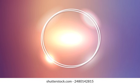 Neon double round frame with shining effects on brown background. Empty glowing techno backdrop. Vector illustration