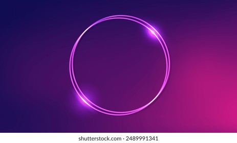 Neon double round frame with shining effects on dark purple background. Empty glowing techno backdrop. Vector illustration