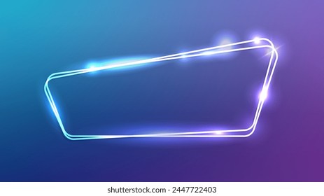 Neon double rounded frame with shining effects on blue background. Empty glowing techno backdrop. Vector illustration