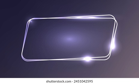 Neon double rounded parallelogram frame with shining effects on dark background. Empty glowing techno backdrop. Vector illustration