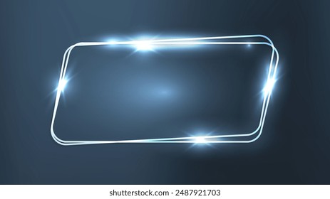 Neon double rounded parallelogram frame with shining effects on dark background. Empty glowing techno backdrop. Vector illustration