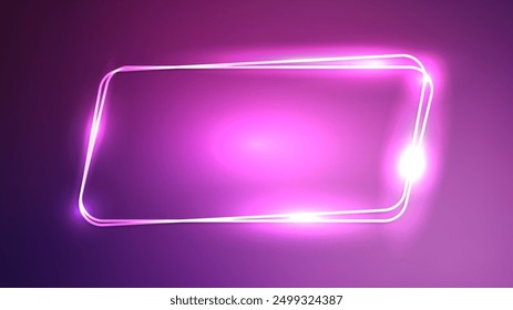 Neon double rounded parallelogram frame with shining effects on purple background. Empty glowing techno backdrop. Vector illustration