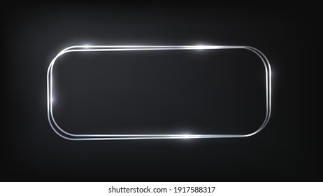 Neon double rounded rectangular frame with shining effects on dark background. Empty glowing techno backdrop. Vector illustration.