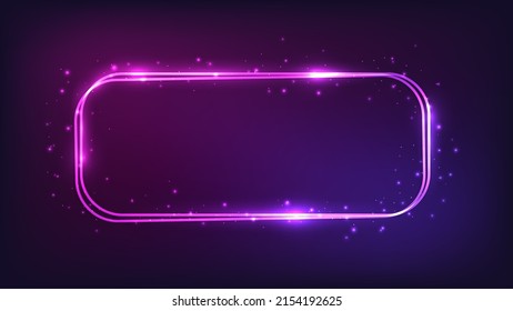 Neon double rounded rectangular frame with shining effects and sparkles on dark background. Empty glowing techno backdrop. Vector illustration