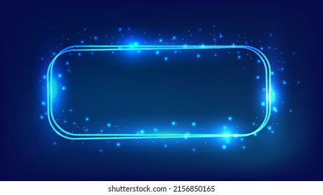 Neon double rounded rectangular frame with shining effects and sparkles on dark background. Empty glowing techno backdrop. Vector illustration