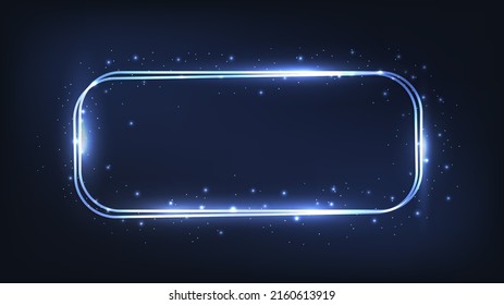 Neon double rounded rectangular frame with shining effects and sparkles on dark background. Empty glowing techno backdrop. Vector illustration