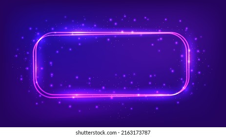 Neon double rounded rectangular frame with shining effects and sparkles on dark background. Empty glowing techno backdrop. Vector illustration