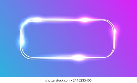 Neon double rounded rectangular frame with shining effects on blue background. Empty glowing techno backdrop. Vector illustration