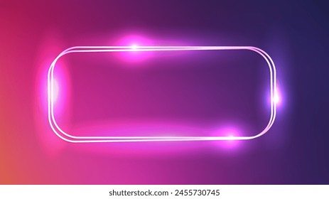 Neon double rounded rectangular frame with shining effects on dark purple background. Empty glowing techno backdrop. Vector illustration