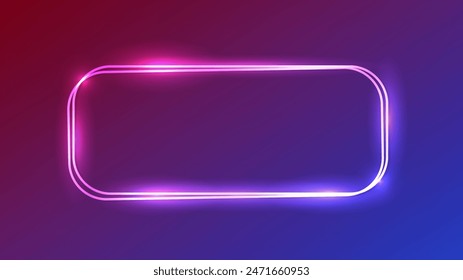 Neon double rounded rectangular frame with shining effects on dark purple background. Empty glowing techno backdrop. Vector illustration