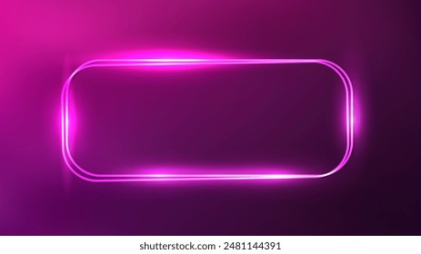 Neon double rounded rectangular frame with shining effects on dark pink background. Empty glowing techno backdrop. Vector illustration