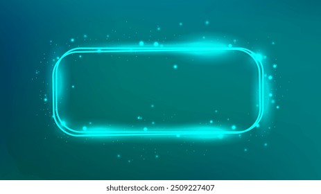 Neon double rounded rectangular frame with shining effects and sparkles on dark green background. Empty glowing techno backdrop. Vector illustration
