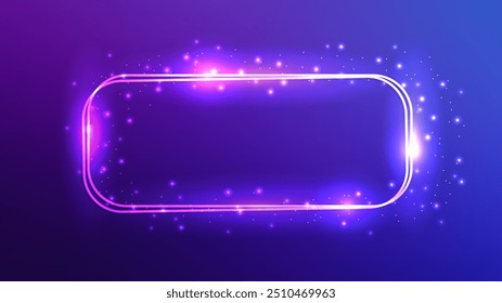 Neon double rounded rectangular frame with shining effects and sparkles on dark blue background. Empty glowing techno backdrop. Vector illustration