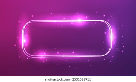 Neon double rounded rectangular frame with shining effects and sparkles on dark pink background. Empty glowing techno backdrop. Vector illustration