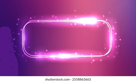 Neon double rounded rectangular frame with shining effects and sparkles on purple background. Empty glowing techno backdrop. Vector illustration