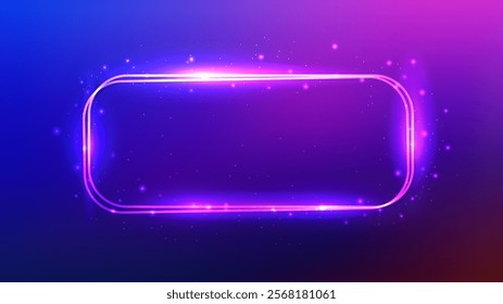 Neon double rounded rectangular frame with shining effects and sparkles on purple background. Empty glowing techno backdrop. Vector illustration
