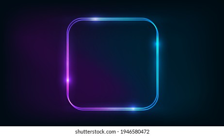 Neon double rounded square frame with shining effects on dark background. Empty glowing techno backdrop. Vector illustration.
