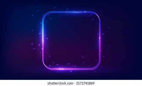 Neon double rounded square frame with shining effects and sparkles on dark background. Empty glowing techno backdrop. Vector illustration