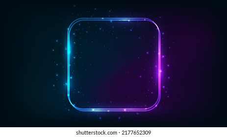 Neon double rounded square frame with shining effects and sparkles on dark background. Empty glowing techno backdrop. Vector illustration