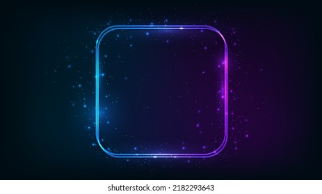 Neon double rounded square frame with shining effects and sparkles on dark background. Empty glowing techno backdrop. Vector illustration