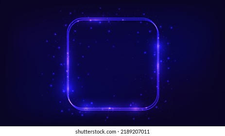 Neon double rounded square frame with shining effects and sparkles on dark background. Empty glowing techno backdrop. Vector illustration