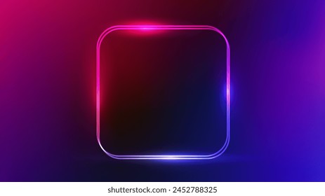 Neon double rounded square frame with shining effects on purple background. Empty glowing techno backdrop. Vector illustration