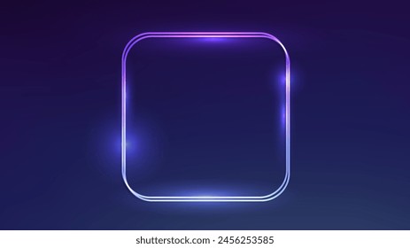 Neon doppelte abgerundete quadratische Rahmen mit glänzenden Effekten auf dunkelblauem Hintergrund. Leere glühende Techno-Kulisse. Vektorillustration