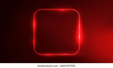 Neon double rounded square frame with shining effects on dark red background. Empty glowing techno backdrop. Vector illustration