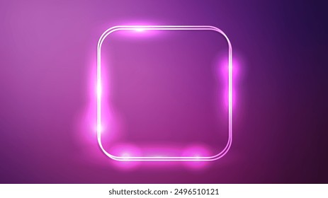 Neon double rounded square frame with shining effects on purple background. Empty glowing techno backdrop. Vector illustration