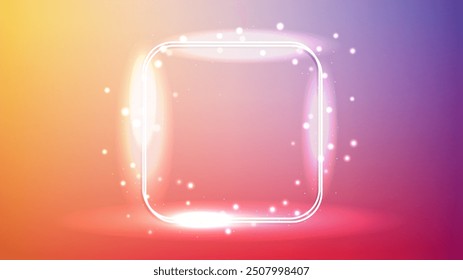 Neon double rounded square frame with shining effects and sparkles on orange background. Empty glowing techno backdrop. Vector illustration