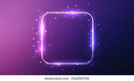 Neon double rounded square frame with shining effects and sparkles on dark purple background. Empty glowing techno backdrop. Vector illustration